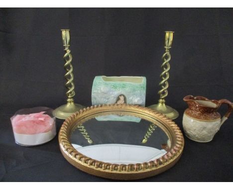 A gilt convex mirror along with a pair of brass barley twist candlesticks, Sylvac, small harvest jug etc.