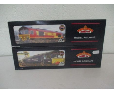 Two boxed Bachmann OO gauge diesel locomotives including a Class 66 Blue Malcolm Logistics Services (66405) and a Class 66 Ra