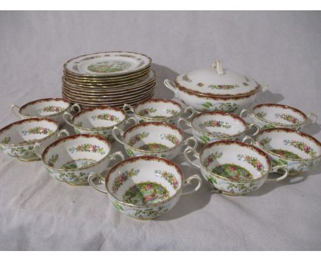 A part Royal Albert dinner set "Chelsea Bird" including dinner plates, medium plates and two handled soup bowls/cups along wi