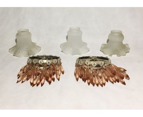 Two miniature drop crystal chandelier light fittings along with three vintage glass shades