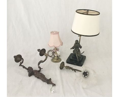 A collection of vintage light fittings including two table lamps etc.