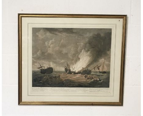 A framed hand coloured print of "The Quebec and the Surveillante" by Richard Paton, depicting a Naval engagement between the 