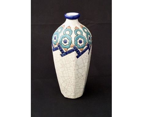 A Longwy French Art Deco vase decorated with stylised motifs on a crackled cream ground, height 19cm