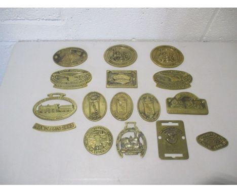 A small collection of local interest brass plaques, including Tatworth Mini Rally, Sedgemoor New Road Farm, Somerset Tractor 