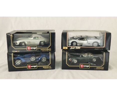 Burago 1:18 scale model vehicles - Mercedes Benz 300SL, Bugatti Type 59, Jaguar E Cabriolet and a Maisto Jaguar XJ220 - boxed