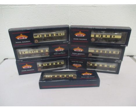 A collection of seven boxed Bachmann OO gauge British Railway Chocolate/Cream coaches including Buffet Car, Restaurant Car, F