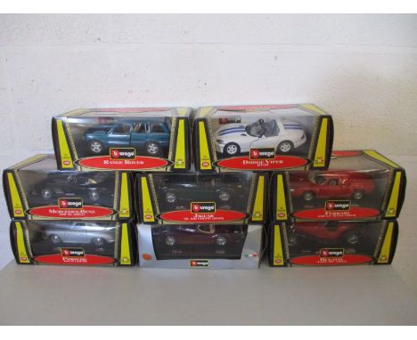 A set of eight boxed Burago 1:24 scale model cars, including a Dodge Viper, a Ferrari 250 1965 Le Mans, a Porsche 356 B Coupe