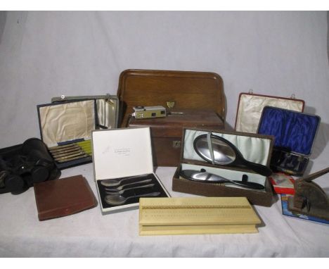 A collection of various items including an oak tray with silver shield, Yashica-16 sub miniature camera, cribbage boards, sil