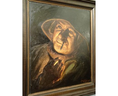 LOUIS MONTAIGU (French 1905 - 1988 ) oak framed oil on board depicting bust portrait of an fisherman with a cigarette at nigh