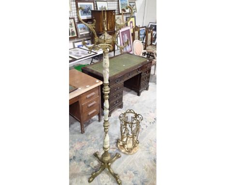 White onyx coat/hat stand with brass fittings and a matching stick stand 