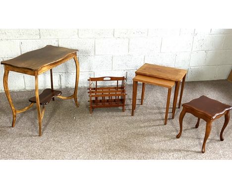 A group of small tables, including a vintage two tier occasional table, a small nest of two tables, another small table with 