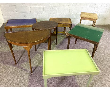 Seven assorted small tables, including two folding card tables, a demi lune console table, oak square topped table etc (7)