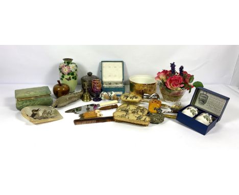 An assortment of decorative items, including a vintage articulated fish; a Cloissone vase; assorted trinket boxes, including 