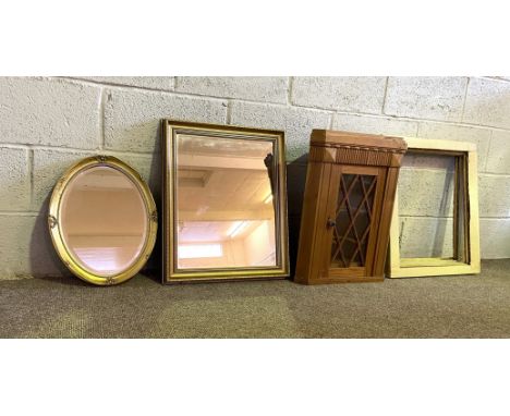Two modern gilt picture frames, an oval mirror; a rectangular mirror and a small vintage pine corner cupboard and a mat (6)