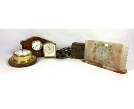 A group of items, including an Art Deco style mantel clock, another Edwardian style clock, a small decorative trinket box and
