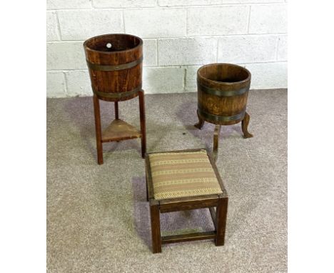 Two vintage hoop bound planters with stands and a small stool and assorted small tables (6)