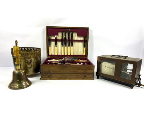 A Reid &amp; Young scientific Barograph, with hose tap, 26cm long; also a glass handled brass hand bell (handle with care); a