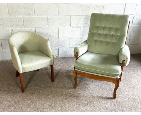 A modern Parker Knoll style armchair; also a small light green upholstered tub chair, a bathroom tub chair and two upholstere