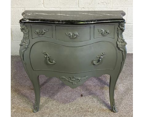 A French Louis XV style commode chest, 20th century with slate top and painted base, 77cm high, 88cm wide