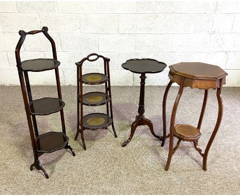 A George III style mahogany wine table with lobed top and tripod base; also two folding cake stands and an Edwardian octagona