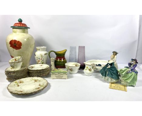 Assorted ceramics, including a Princess House figurine of Regina, two other figurines, a decorative trinket box, various jugs