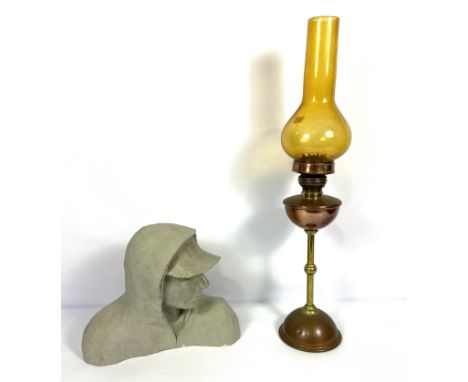 Alex Davenport, Contemporary plaster bust of Andrew, Aged 15, 30cm high; also a copper and brass table oil lamp, 72cm high (2