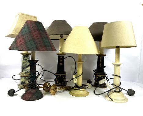 Seven modern table lamps, including three with stepped pillar bases, one with marbled effect, all with shades (not tested) (7