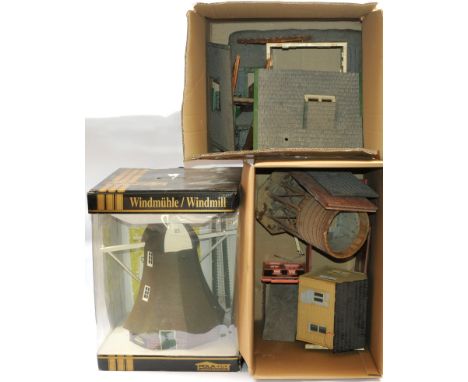 Pola G Gauge and other Commercial manufacturers group of Kit built buildings consisting of Water Mill with internal lighting,