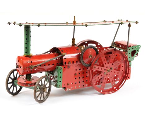 Meccano hand built model of a Traction engine using 1950's red and green Meccano. Fitted with a post war No.1 Clockwork motor