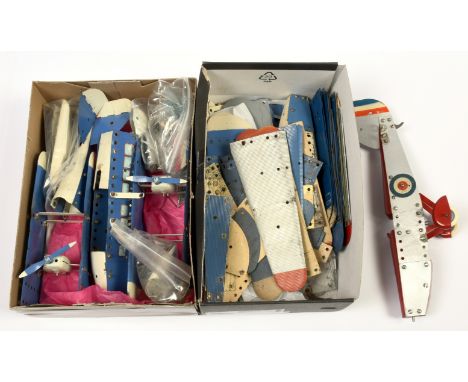 Meccano Aeroplane outfits consisting of a No.2 Special or similar part built as a twin engine biplane in Blue and white toget
