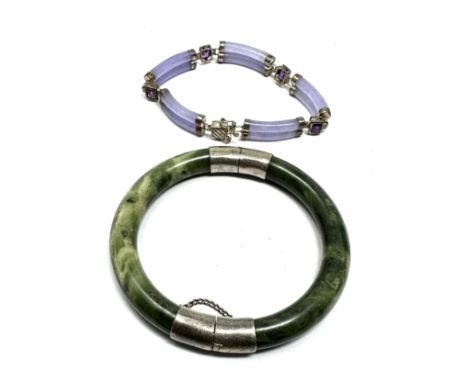 Two Silver Set Gemstone Bracelets Including Nephrite (79g)