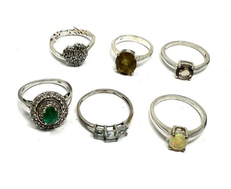 Six Silver Gemstone Set Dress Rings Including Diamond And Emerald (21g)