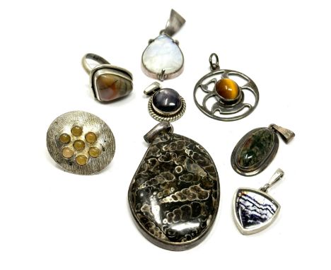 Eight Silver Gemstone Set Pendants And Rings Including Moonstone And Opal (70g)