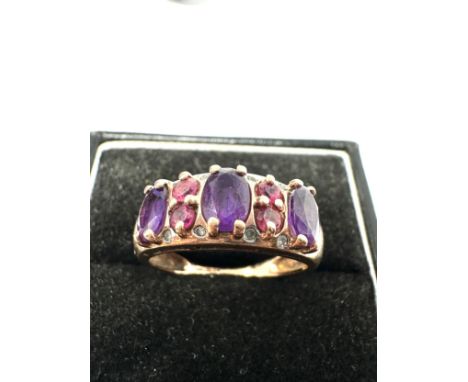 9ct Gold Diamond, Amethyst &amp; Tourmaline Dress Ring (3.2g)