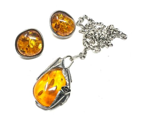 A Silver Baltic Amber Pendant Necklace And Earrings (41g)