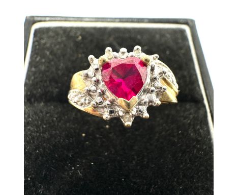 9ct Gold Synthetic Ruby Heart & Diamond Cluster Ring (2.3g)