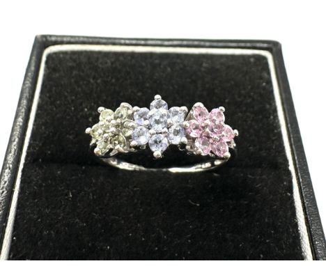 9ct White Gold Pink Sapphire, Tanzanite &amp; Green Gemstone  Ring (2g)