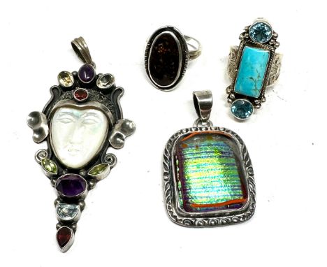 Two Silver Rings And Two Pendants, Including Stone Set (68g)