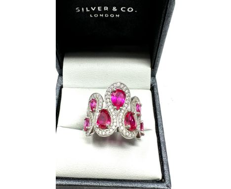 A Statement Silver Cocktail Ring Set With Ruby And Clear Gemstone (5g) boxed