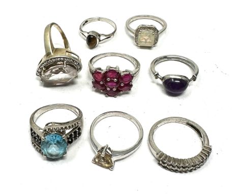 Eight Silver Gemstone Set Dress Rings Including Diamond And Ruby (31g)