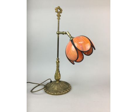 CAST BRASS DESK LAMP, with orange glass petal shaped shade, 57cm high