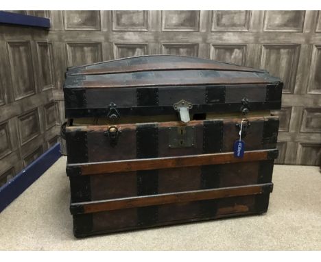 METAL BOUND TRUNK, possibly naval, 77cm wide, 55cm high; along with a ship's compass (2)