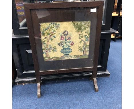 OAK FRAMED EMBROIDERED FIRE SCREEN, 51cm wide, along with a paper rack and a vintage carpet sweeper (3)
