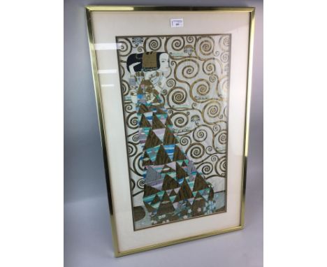 TWO COLOUR PRINTS, ONE IN THE STYLE OF GUSTAV KLIMT, ANOTHER A STYLISED LEAF MOTIF Largest 87cm x 56cm Both mounted, framed a