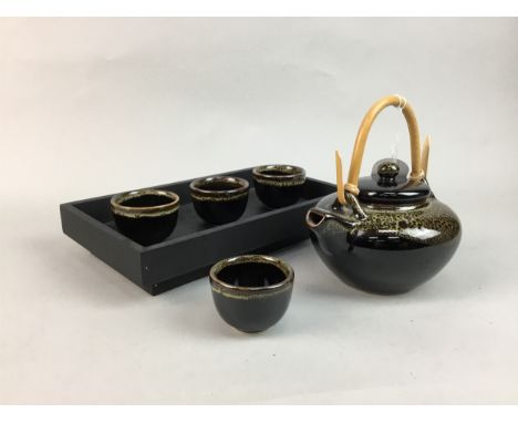 JAPANESE TEA SERVICE, comprising tea pot and four cups, on tray, along with a cased set of five cups and two pots