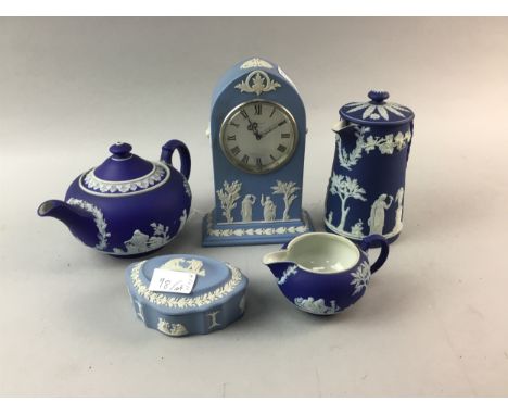 WEDGWOOD JASPERWARE MANTEL CLOCK, 19.5cm high, along with a collection of other Jasperwear including a tea pot, cream jug and