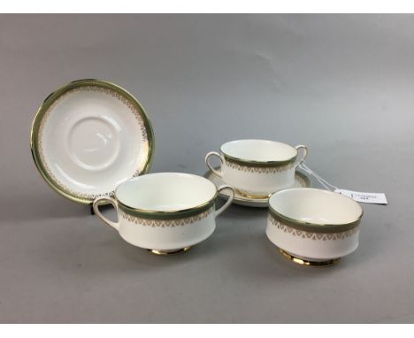 PARAGON KENSINGTON PART DINNER SERVICE, comprising nine twin handled bowls, nine saucers, along with a blue and gilt decorate