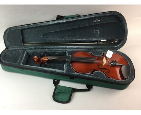 MODERN VIOLIN, with single piece back, 58.5cm long overall, with bow, in case