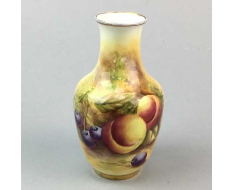 ROYAL WORCESTER SMALL BALUSTER VASE, decorated with fruit by David R. Bowkett, 12cm