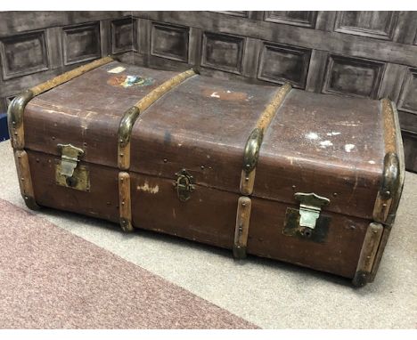 LARGE VINTAGE TRAVEL TRUNK, bearing remnants of travel labels, 90cm wide